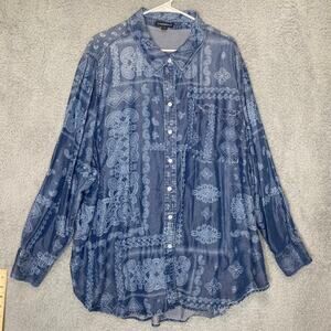 Lane Bryant womens 28 long sleeve button up chambray top lyocell geometric